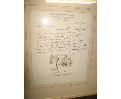 ARDIZZONE (Edward) artist &amp; illustrator: a fine 1 p. a.l.s. with ink sketch, to Mr. Jenks, dated 9th Sept. [19]76, on hea