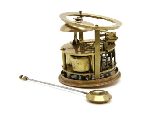 A French brass clock drum movement, by 'Pinchon Fils, Paris', with an enamel dial and pendulum, dial 8cm diameter,