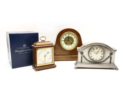 Three mantel clocks, one wooden, and one metal, with French drum movements, the other by Elliott for Mappin &amp; Webb Ltd, t