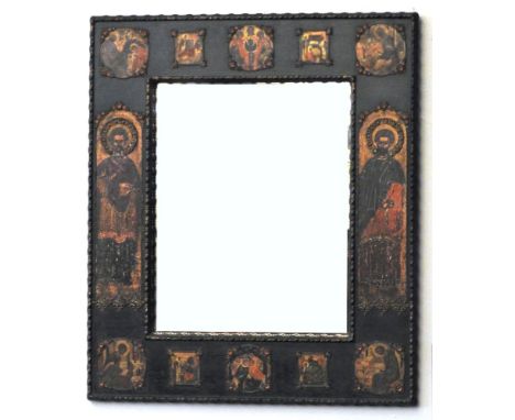 A Russian Orthodox mirror frame with illustrations of Saints decorated with paste stones