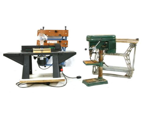 Woodworking machinery - 'Trend' craftsman router table MK2, two Black and Decker workmates, and a 'NU-Tools' 5 speed drill pr