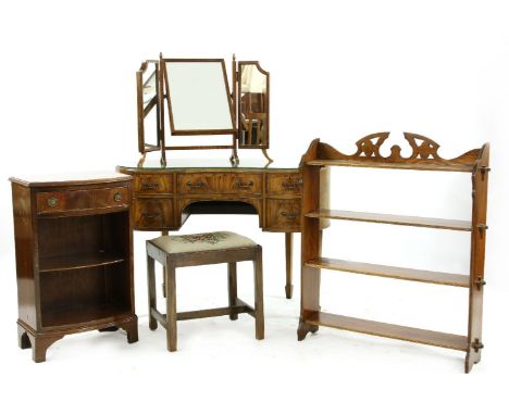 A mahogany dressing table mirror and stool,  107cm wide, a bookshelf and a bedside table