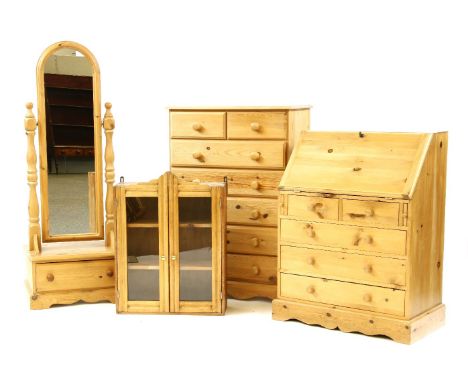 A pine chest of drawers, with two short over five long drawers, together with a bureau, a hanging glazed cabinet, and pine ch