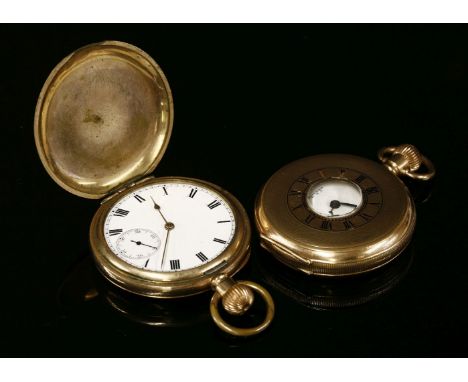 A rolled gold half Hunter side wind pocket watch, white enamel dial, signed Waltham USA, Roman numerals and subsidiary second