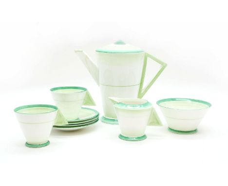 A Shelley 'Art Deco' teaset, pattern no. 11959, comprising: six cups and saucers, milk, sugar, teapot (spout repaired)