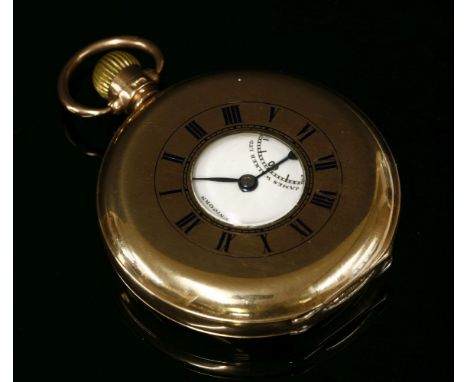 A 9ct gold half Hunter pocket watch, white enamel dial signed Unicorn, James Walker Ltd, with subsidiary seconds dial, Arabic