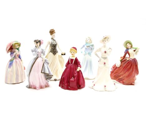 Seven porcelain figures: two Royal Doulton, three Royal Worcester, two Coalport