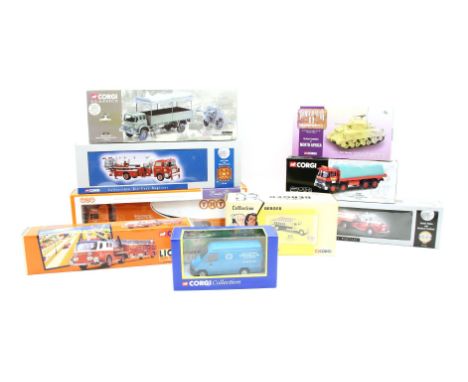 A Corgi die cast vehicles, to include an M4A2 Sherman CC51007 British Army Bedford 69902, an American La France ariel ladder 