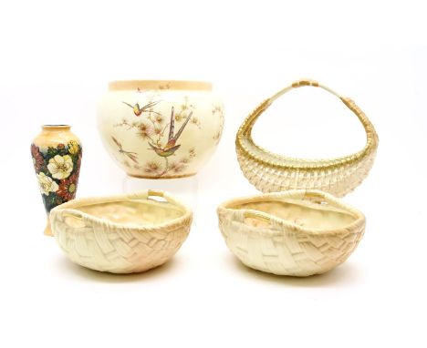 Three Royal Worcester porcelain `baskets'  and a modern Moorcroft vase, and a `Crown Ducal' jardiniere