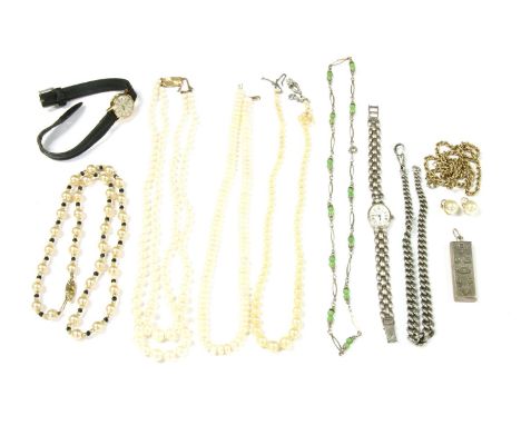 A collection of jewellery, to include a 9ct gold rope necklace with two simulated pearl drop charms, chain 3.89g, a sterling 