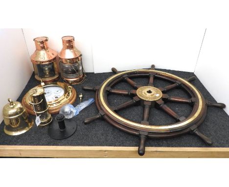 A collection of nautical items, to include a copper and brass stern lanter bearing stamp reading 'Tung Woo Hong Kong', anothe