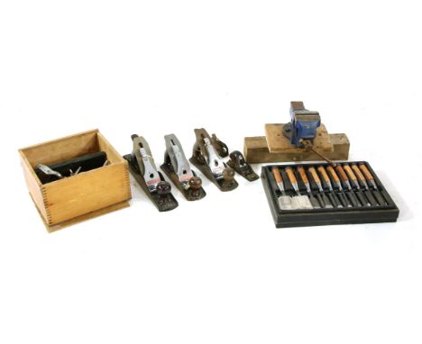 Woodworking tools - three boxes of tools, including three Stanley planes, a record combination plane number 050, clamps, axe,