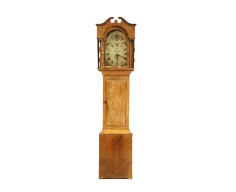 A 19th century thirty hour pine longcase clock, with painted arch dial, signed H. West, diameter of dial 30cm, 200cm high