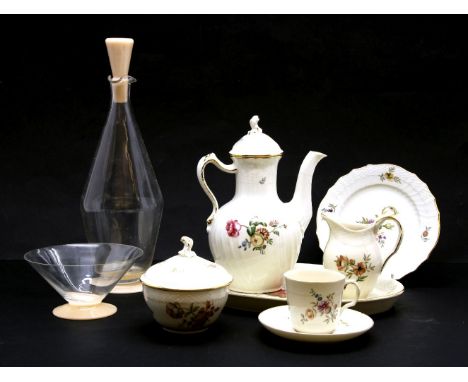 A Royal Copenhagen coffee service for eight, having hand painted floral decoration, together with an Art Deco suite of sundae