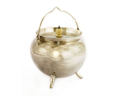 A Dr Christopher Dresser style cauldron form sugar bowl and cover, with an ivory finial, numbered 6465, 15cm high