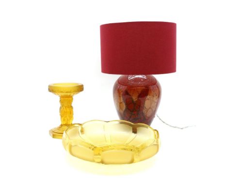 An Okra style mottled glass table lamp, an amber comport (2)