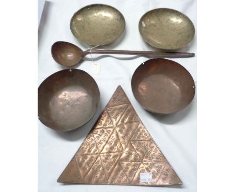 A small selection of assorted metal items including antique Persian copper ladle, triangular copper script dish, etc.