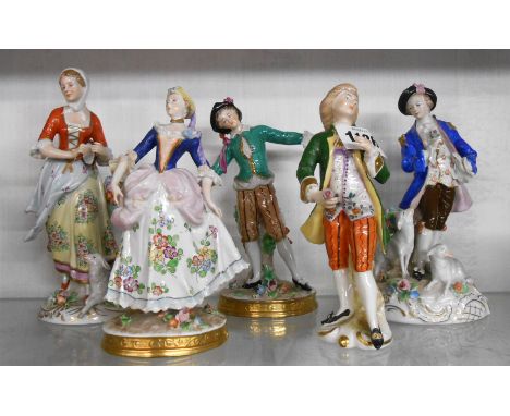 Four 20th Century Sitzendorf figurines of typical style, each depicting a figure in 18th Century costume - sold with a simila