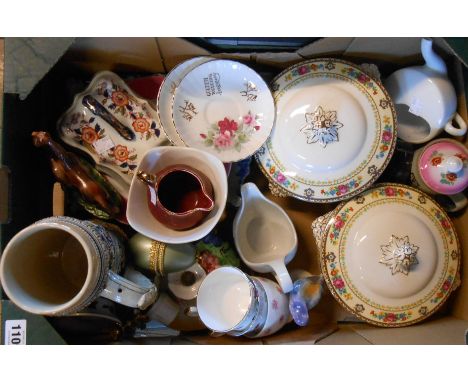 A box containing a quantity of assorted ceramic items including Midwinter milk and sugar, pair of Losol ware vegetable tureen