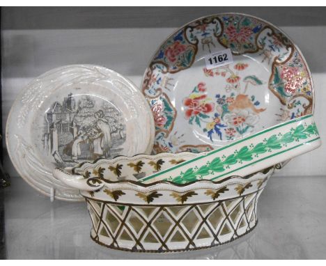 An antique Chinese porcelain plate with famille rose floral decoration, an early 19th century Spode creamware chestnut basket