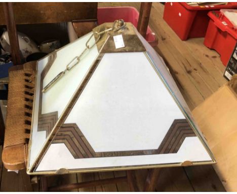 A box containing a modern hanging ceiling lamp with Art Deco style glass panels and a similar wall light