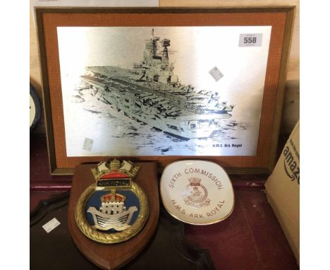 A vintage etched metallic picture depicting the HMS Ark Royal aircraft carrier with label to rear for Wendron Forge, Cornwall