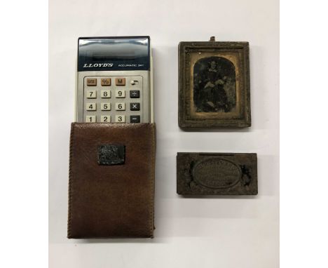 A bag containing a small quantity of collectable items comprising vintage Lloyd's LED calculator, an antique ambrotype photog