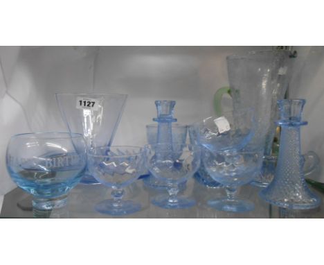 A quantity of light blue glassware including crackle glass part lemonade set, Art Deco pressed glass fish plate, etc.