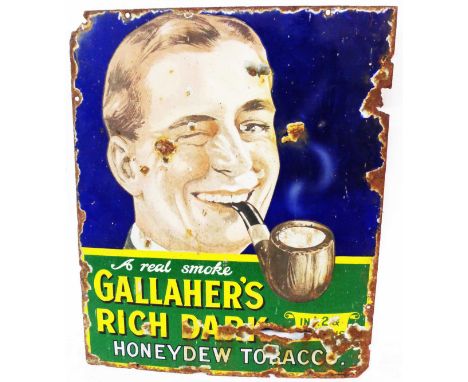 An old enamel sign advertising Gallaher's Rich Dark Honeydew Tobacco with pictorIal scene depicting a man smoking a pipe with