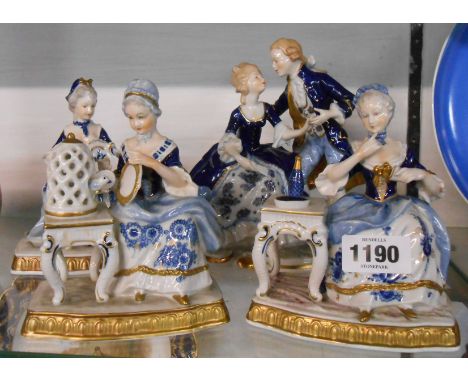 A set of three German porcelain figure groups each depicting a lady in 18th Century dress respectively playing the spinette, 