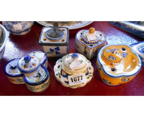 Five French pottery inkwells including Quimper and other makers
