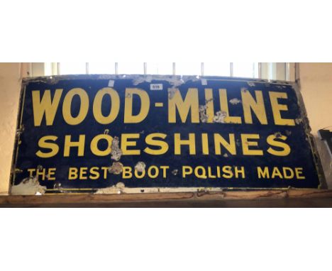 An old enamel advertising sign for Wood Milne Shoeshines The Best Boot Polish Made with yellow lettering on a blue ground - s