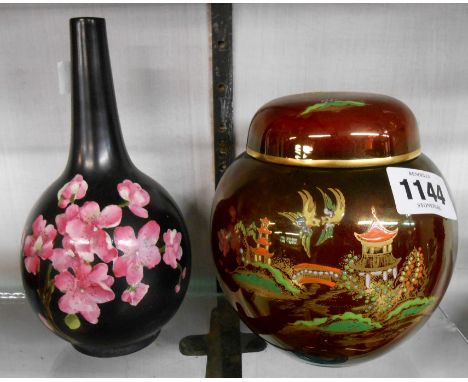 A Carltonware Rouge Royale ginger jar and lid with enamelled Chinoiserie on a red lustre ground - sold with a Carltonware bot