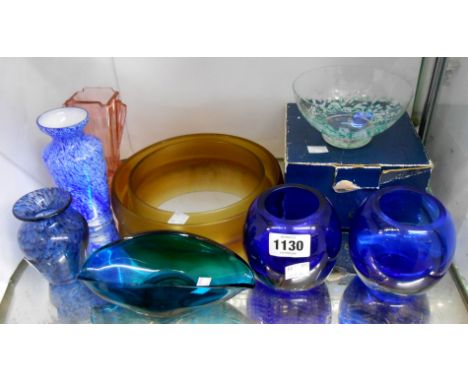 A small quantity of assorted glassware including a pair of Bristol blue globe form vases, etc.