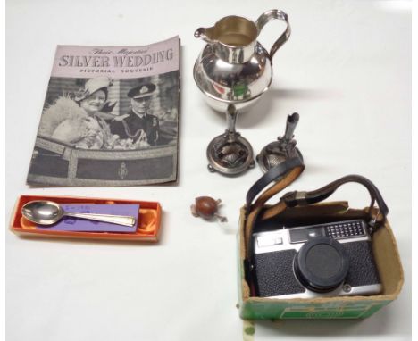 A box containing a small quantity of collectable items including silver plated epergne stands, boxed silver teaspoon, vintage