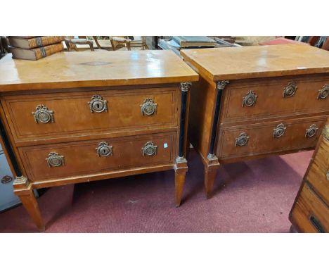 A pair of 80cm Empire Revival commode chests, each with inlaid shell motif to top, two drawers and flanking ebonised half col