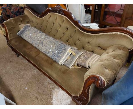 A 2.08m Victorian mahogany part show frame camel back settee with button back velour upholstery, set on turned legs with brow