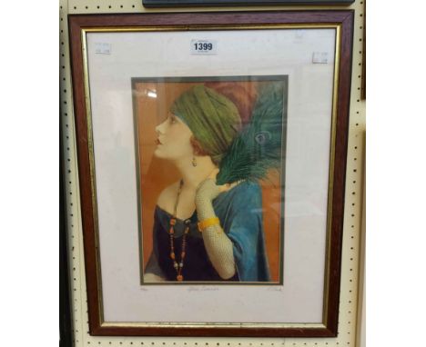 P. Flux: a framed coloured oleograph print, depicting Gloria Swanson in profile holding peacock feathers across her shoulder 