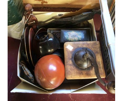 A box containing a quantity of assorted collectable items including old wooden coffee grinder, carved wooden figures, lacquer