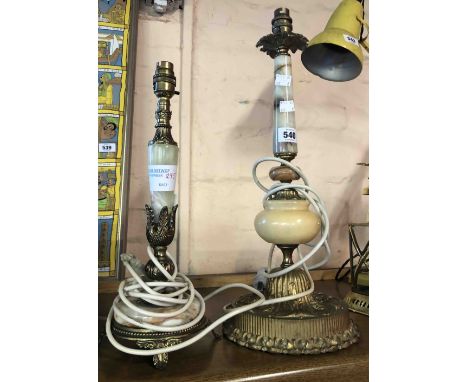 A large decorative onyx lamp with brass fittings - sold with a smaller similar