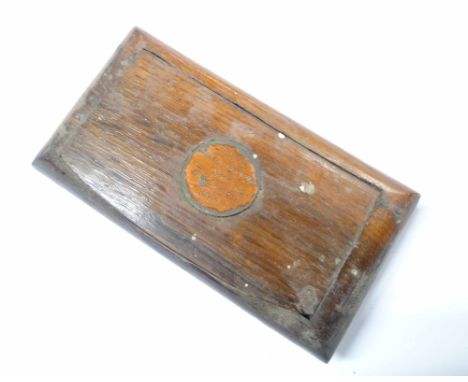 An antique oak snuff box with inset engraved copper plaque 'Relic of Royal George sunk 1782 raised 1840'