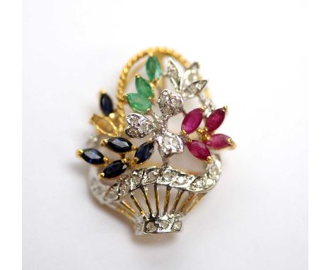 A gold, diamond, sapphire, emerald and ruby tutti-frutti basket form brooch, stamped '750', 3cms high, 5.1g gross.