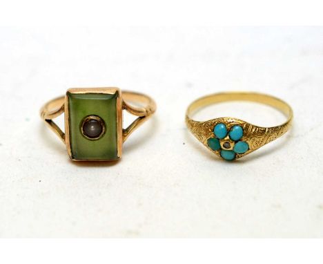 A Victorian yellow metal ring, set with diamond and turquoise, engraved floral design to shoulders, ring size N; and a green 