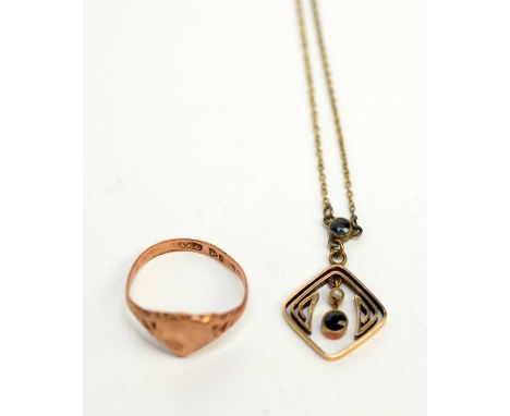 A sapphire and seed pearl pendant, on fine link chain; and a 9ct yellow gold signet ring, 3.6g gross. 