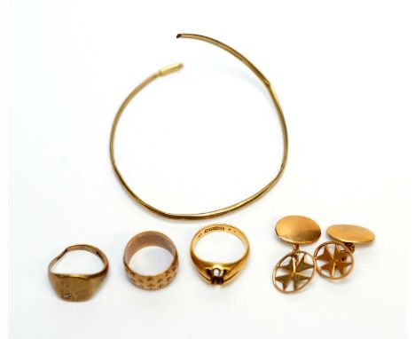 A group of gold and yellow metal items, including rings, cufflinks, and a broken bangle, 28.3g gross. 