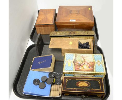A selection of vintage boxes and tins, including: a Victorian walnut box, of square sarcophagus form, 25cms wide; a Rowntree 