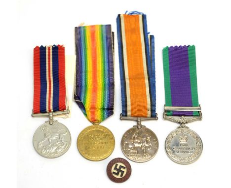 A pair of WWI general service medals, awarded to M2-120649 Private E.G. Davies, Army Service Corps; two other medals (possibl