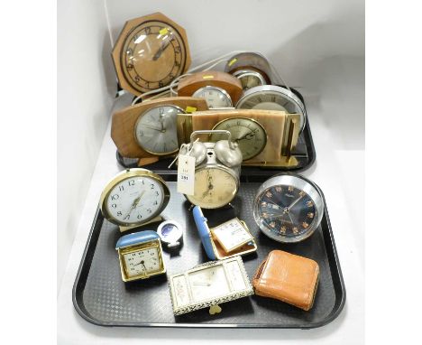 A selection of mantel and bedside clocks, including: a Metamec electric mantel clock, with Art Deco style octagonal stained w