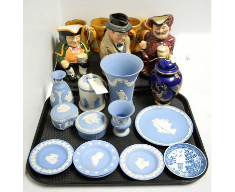 A selection of decorative ceramics, including: a Royal Doulton Winston Churchill character jug, Falstaff, others by Carlton, 