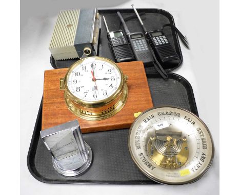 A selection of vintage clocks, scientific instruments, and accessories, including; a Sewills Radiomaster brass-cased wall clo